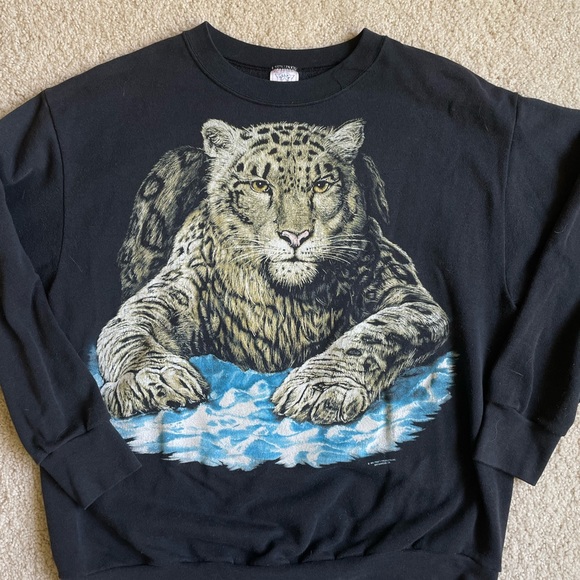 Vintage 1990s Leopard Graphic AOP Black Graphic Crewneck Sweater Made in USA - Picture 3 of 6